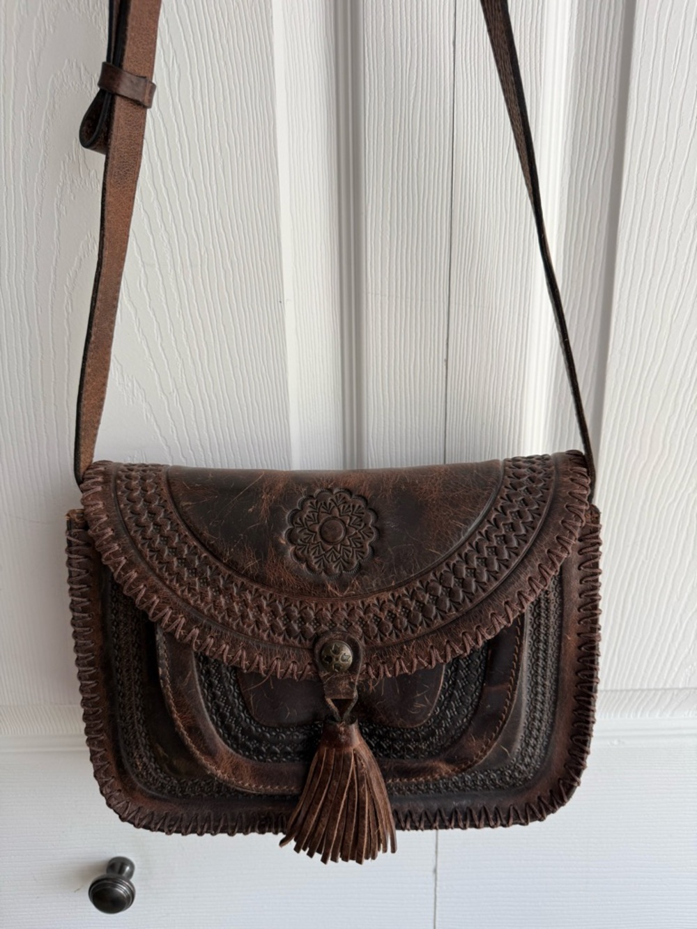 Patricia Nash Distressed Brown Leather Embossed Crossbody with Tassel
